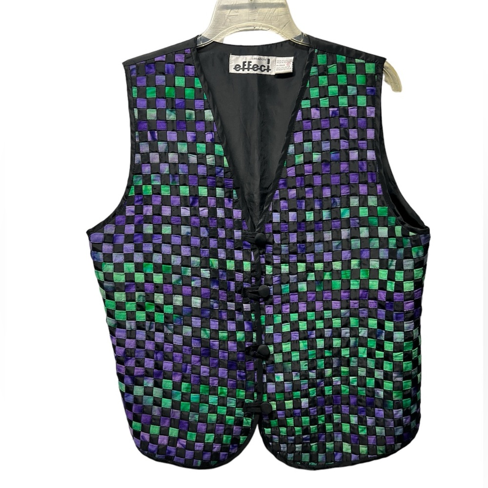 Vintage 90s Effeci black purple green checkerboard woven vest artsy size large